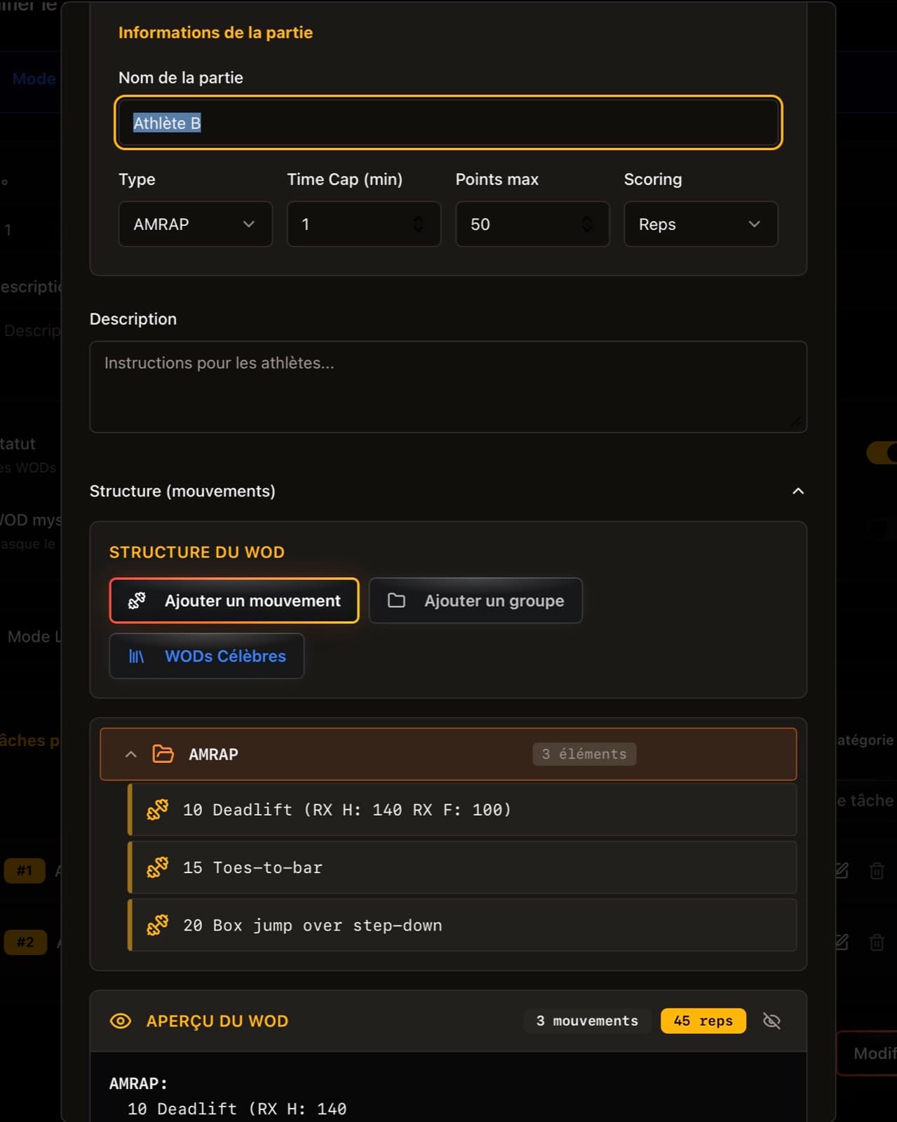 Éditeur de WOD — partie AMRAP, time cap et mouvements.